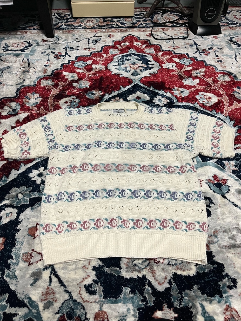 Alfred Dunner vintage Cream Knit Sweater with Pink and Teal Pattern